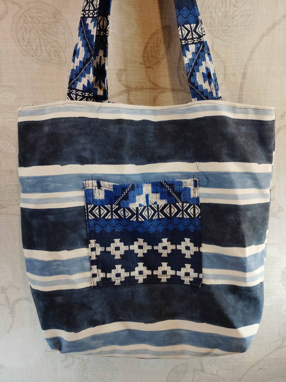 Blue Striped  Reversible Canvas Tote Bag with Geometric Pocket